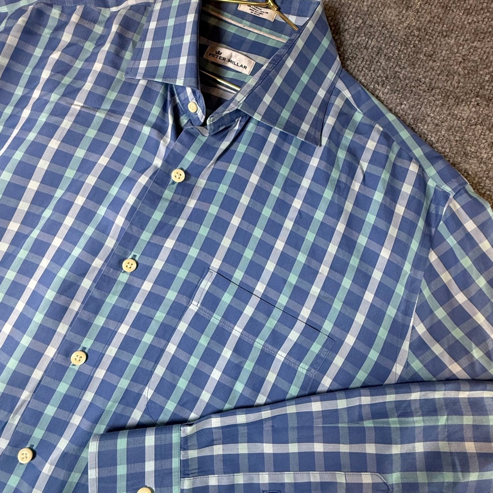 Peter Millar Mens Large Blue Green Check Cotton Silk Long Sleeve Button Shirt